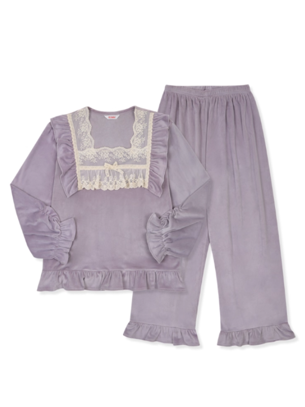 Lavender Velvet Lace Ruffle Loungewear Set