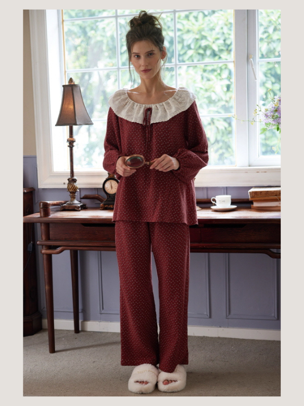 Vintage Rose Collar Burgundy Loungewear Set