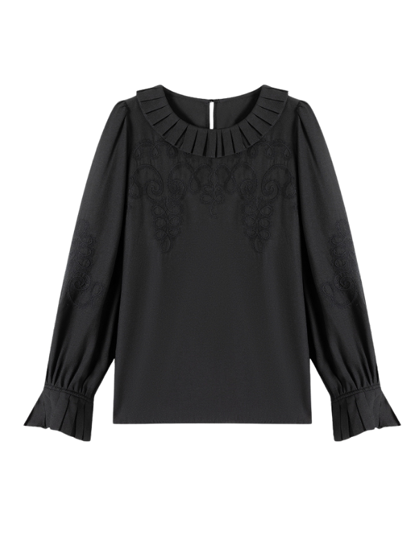 Pleated Collar Embroidered Blouse