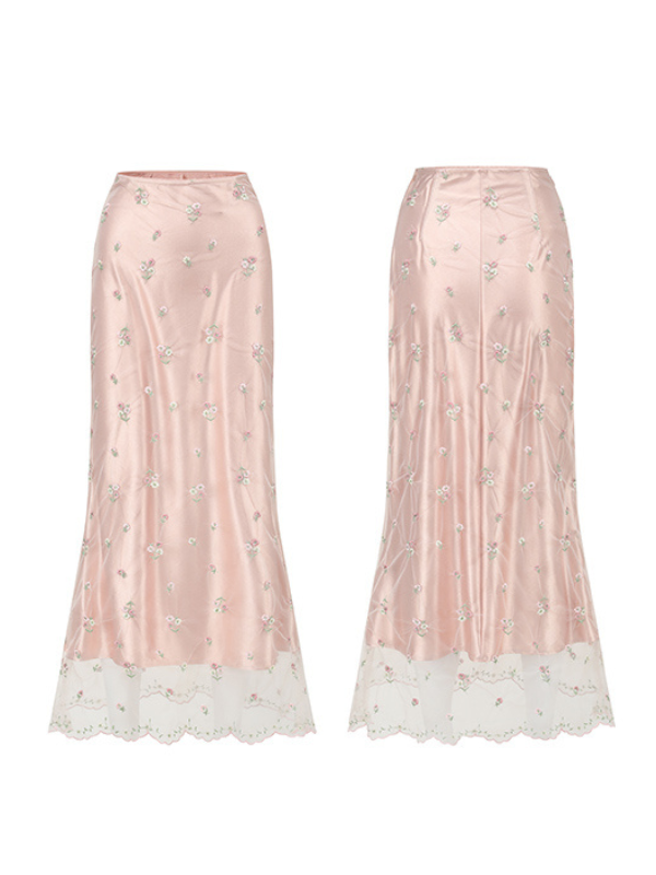 Blush Petal Embroidered Satin Skirt