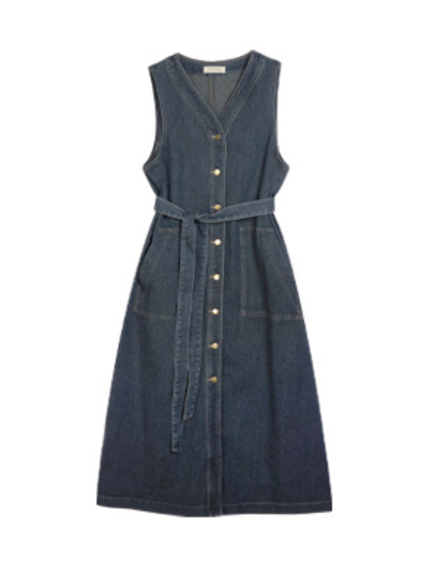 Vintage Denim Sleeveless Dress with Belted Waist