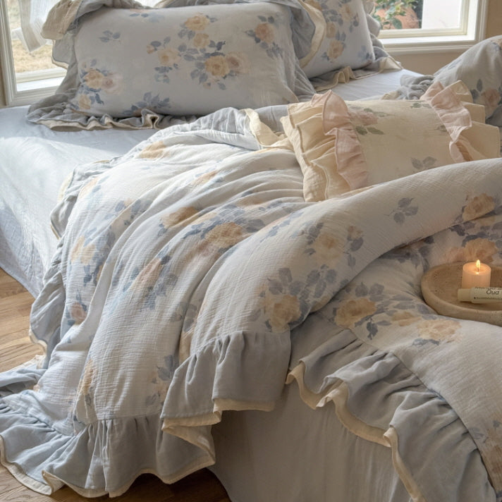 Dusty Blue Rose Print Ruffle Bedding Set