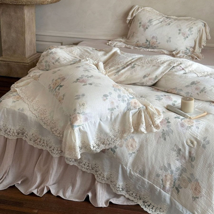 Vintage Rose Lace Trim Bedding Set