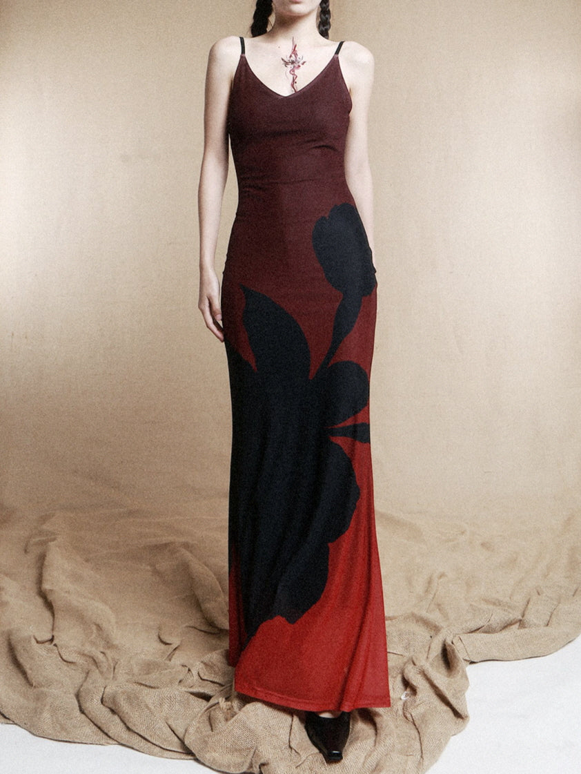Crimson Shadow Bloom Slip Dress