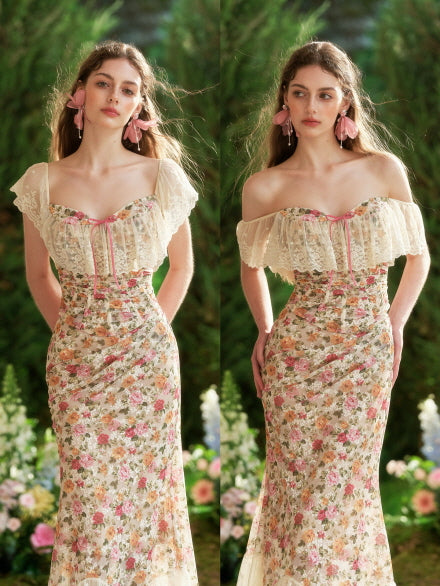 In a dreamy floral maxi dress with ribbon and lace details, the model poses gracefully, capturing vintage fairycore and princesscore charm.