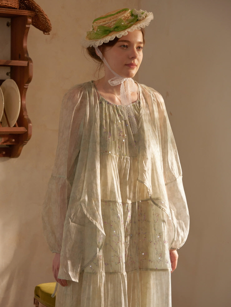 A woman in a sheer long-sleeve overlay and bonnet gazes softly ahead, dressed in a vintage-inspired pastel green fairycore outfit.