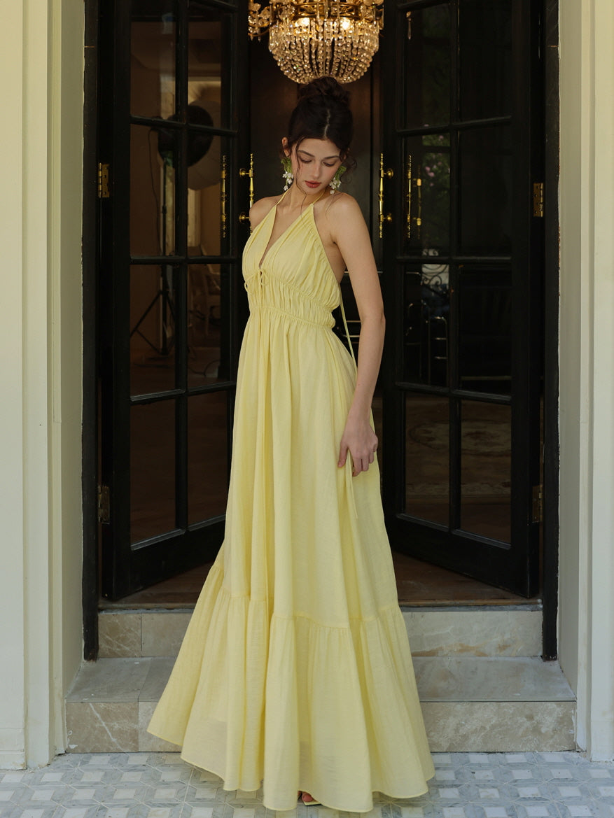 Lemon Bloom Backless Maxi Dress