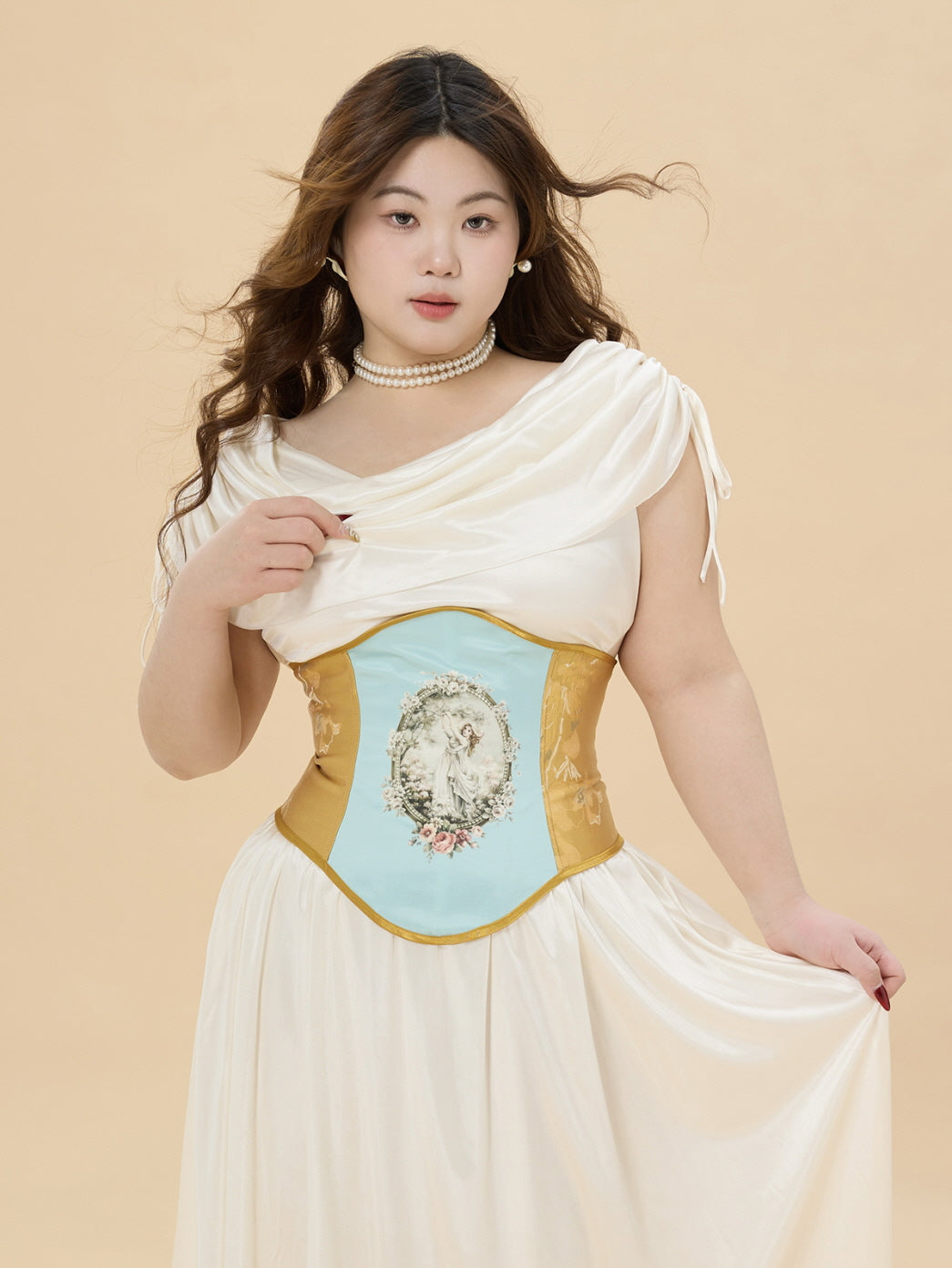 White Satin Glow Plus Size Dress with Ruched Shoulders