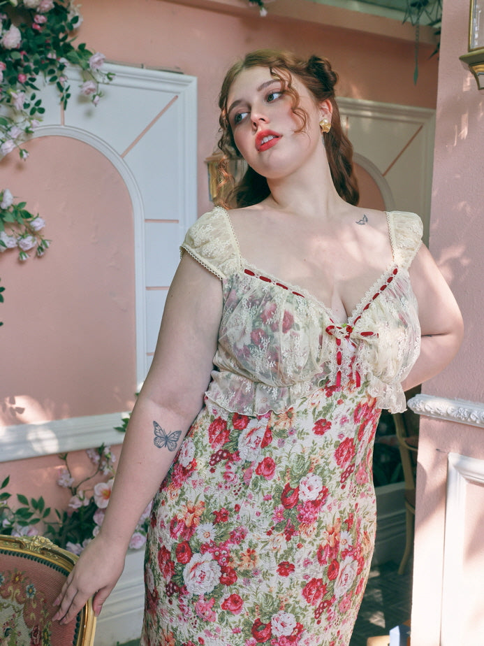 ワンピース Lace dress with cotton inserts and organic silk Cascadian Lace Slip Dress Cream Botanical Floral Online