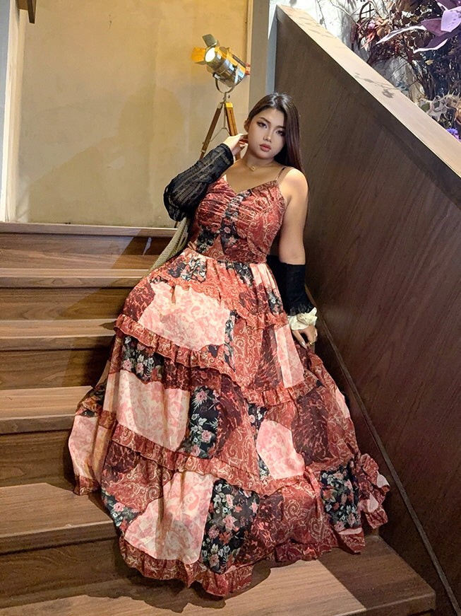 Plus Size Patchwork Ruffle Maxi Dress – Floral Tiered Gown