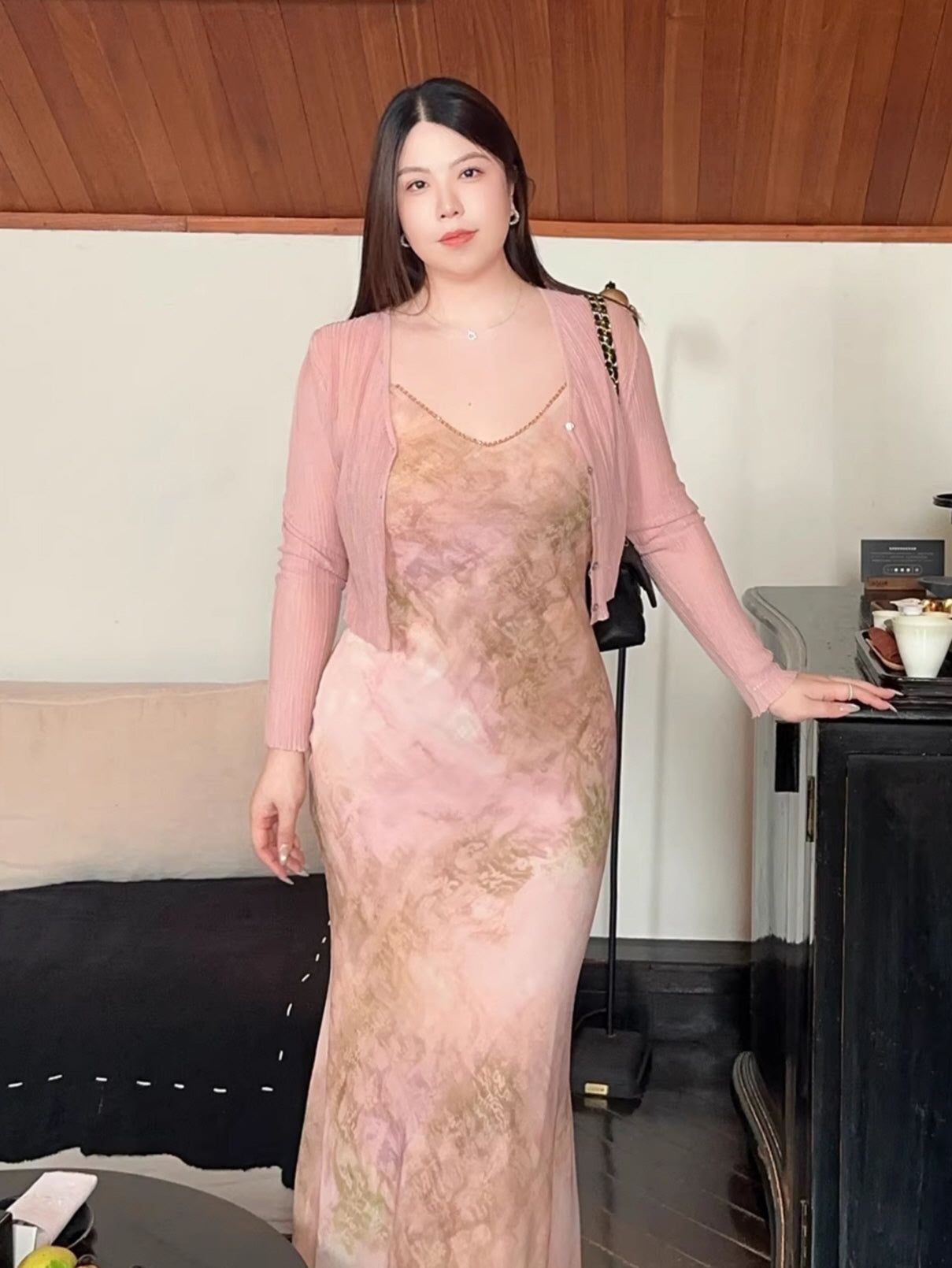Plus Size Blush Watercolor Beaded Slip Dress