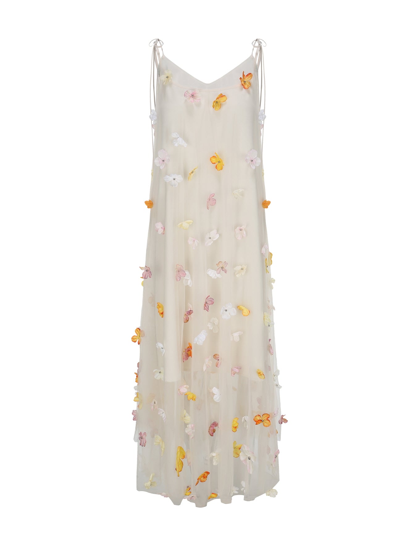 A full view of a fairytale mesh dress adorned with pastel and orange 3D floral appliqués, perfect for dreamy spring aesthetic outfits.