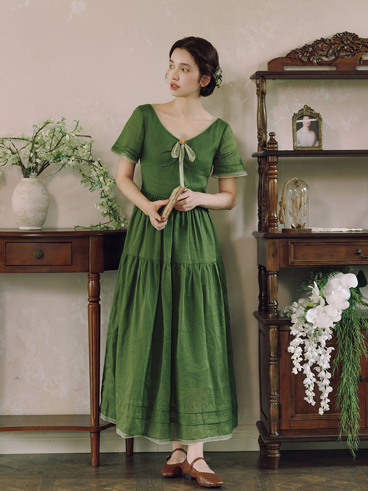 Woodland Green Bow‑Tie Dress