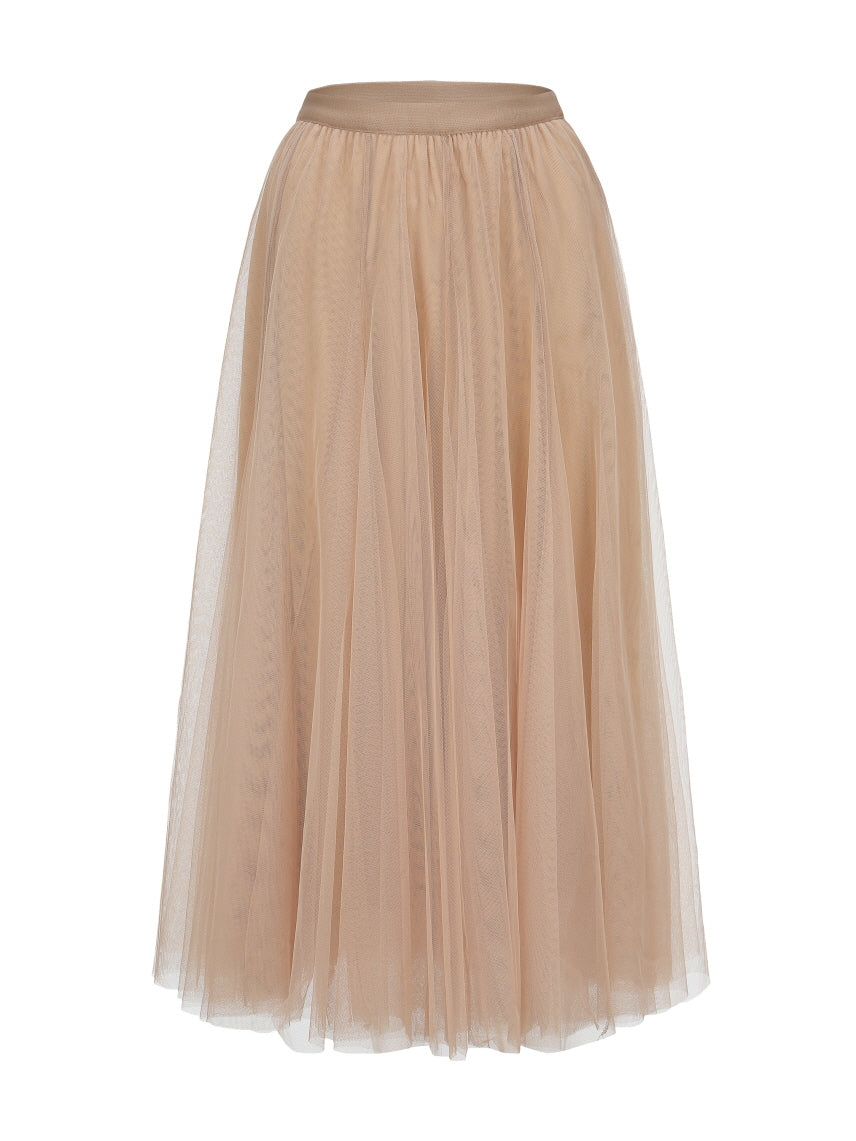 A nude tulle midi skirt with soft pleats and elastic waistband, perfect for layering in a fairycore or romantic princesscore outfit.
