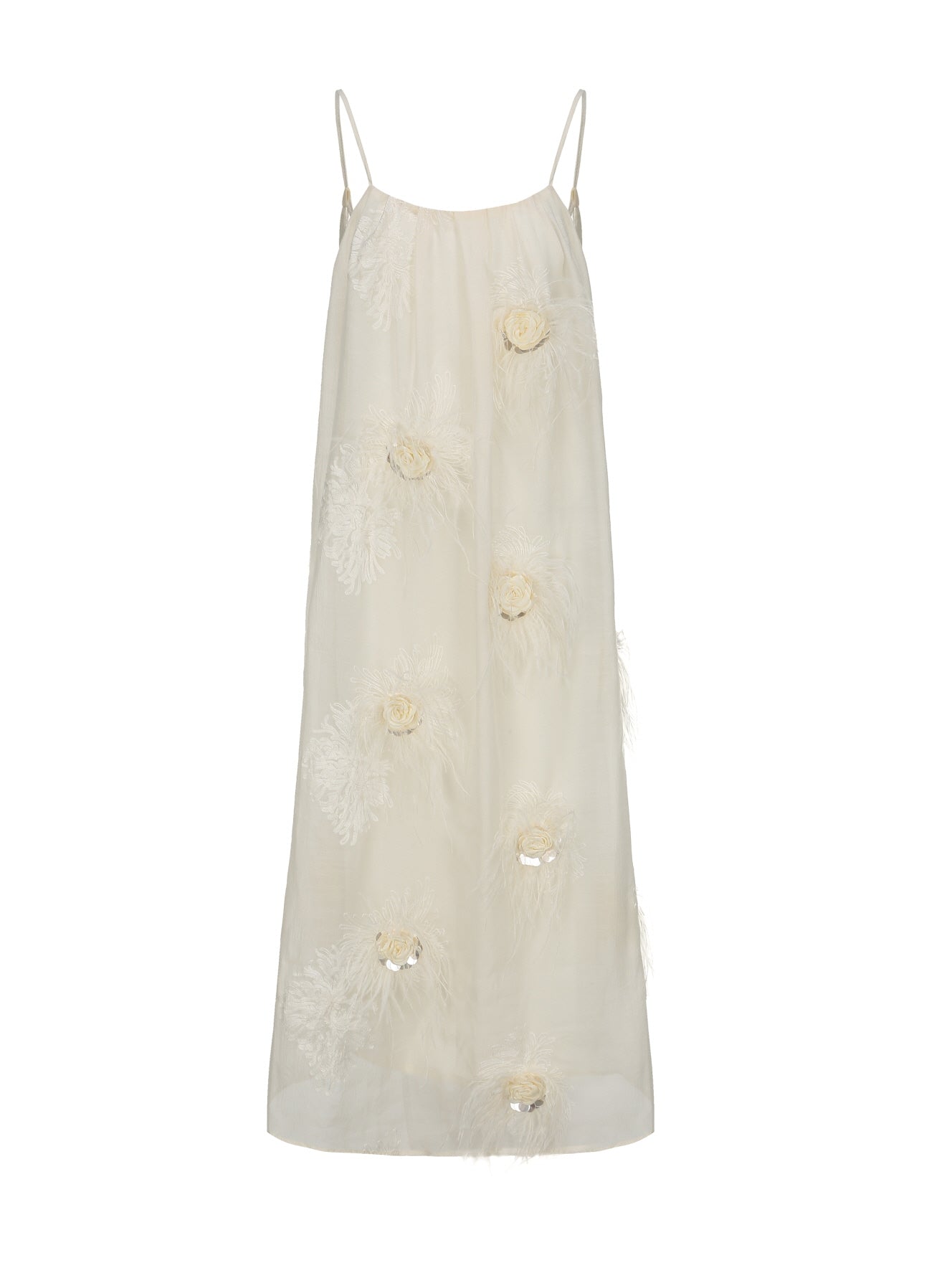 Flat lay of a cream slip dress with 3D floral and feather embellishments, ideal for soft princesscore or elegant fairycore styling.