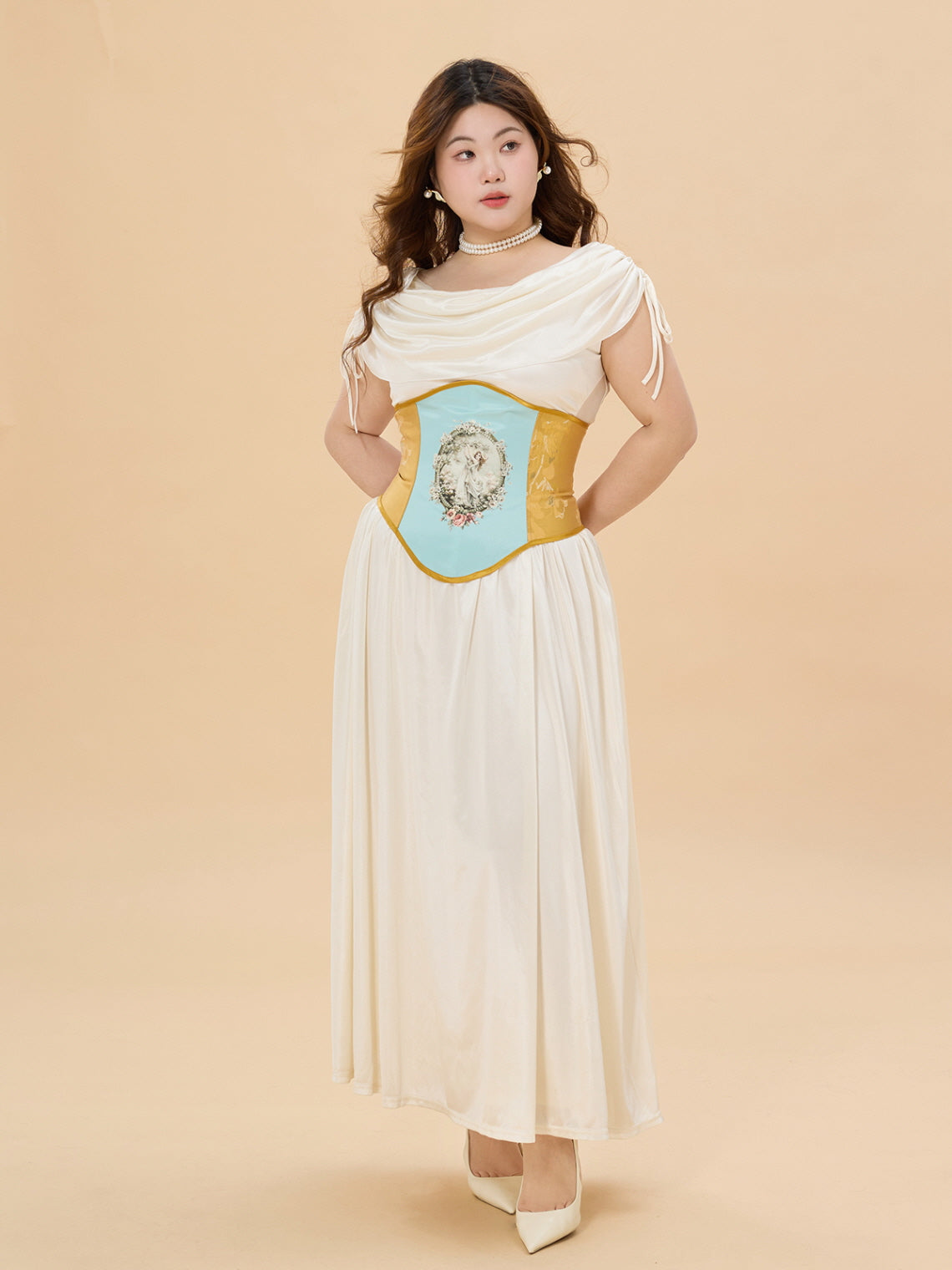 White Satin Glow Plus Size Dress with Ruched Shoulders