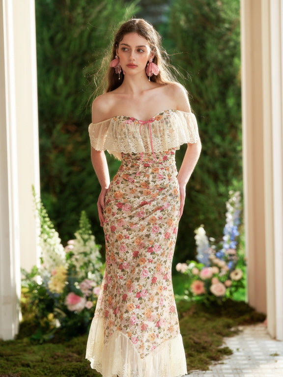 The model wears a vintage-inspired floral long dress with an off-shoulder lace bodice and flared hem, capturing a dreamy princesscore aesthetic.