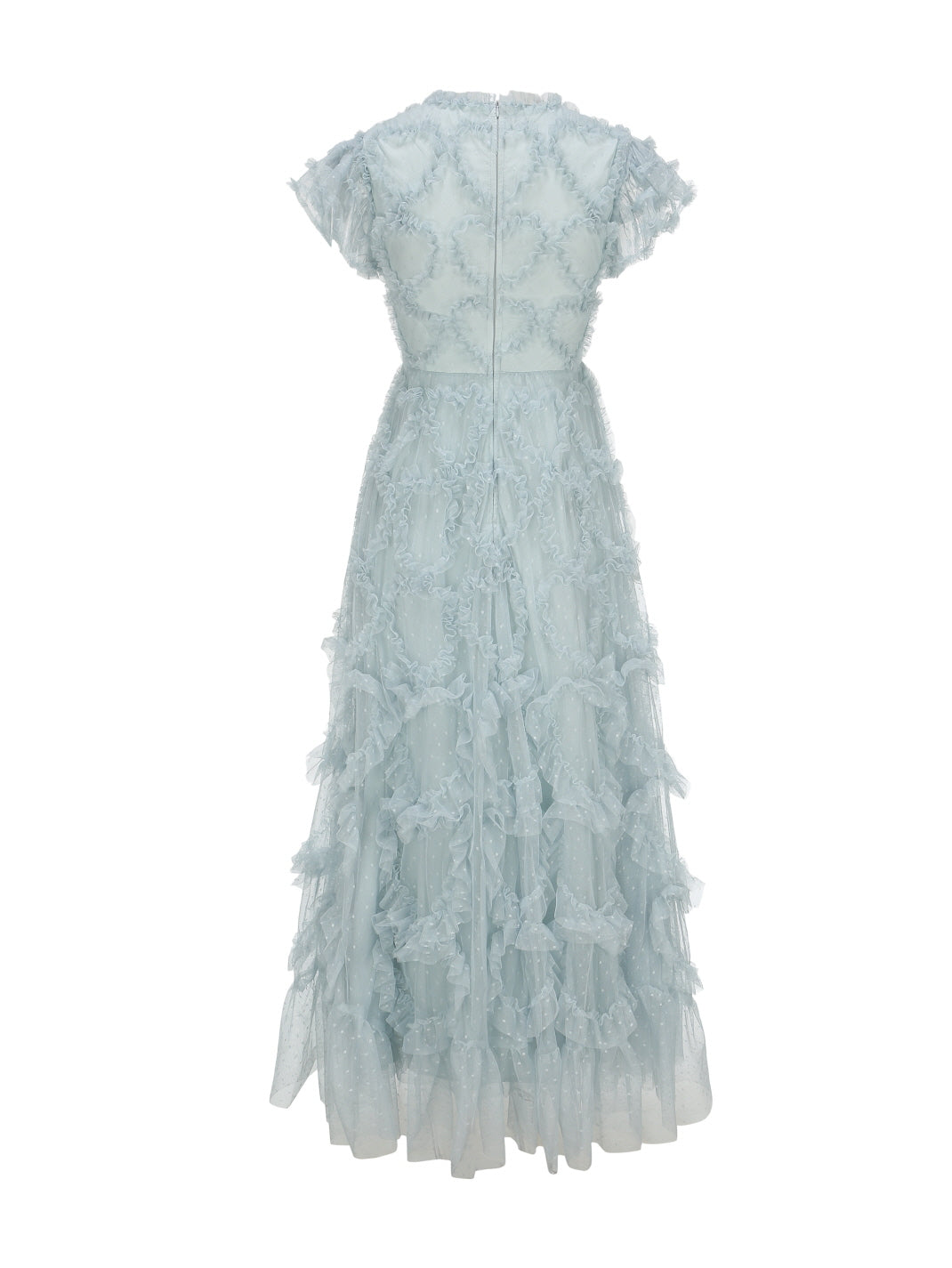 Back view of a soft blue layered dress with delicate ruffle details and invisible zipper, ideal for princesscore and romantic vintage styling.