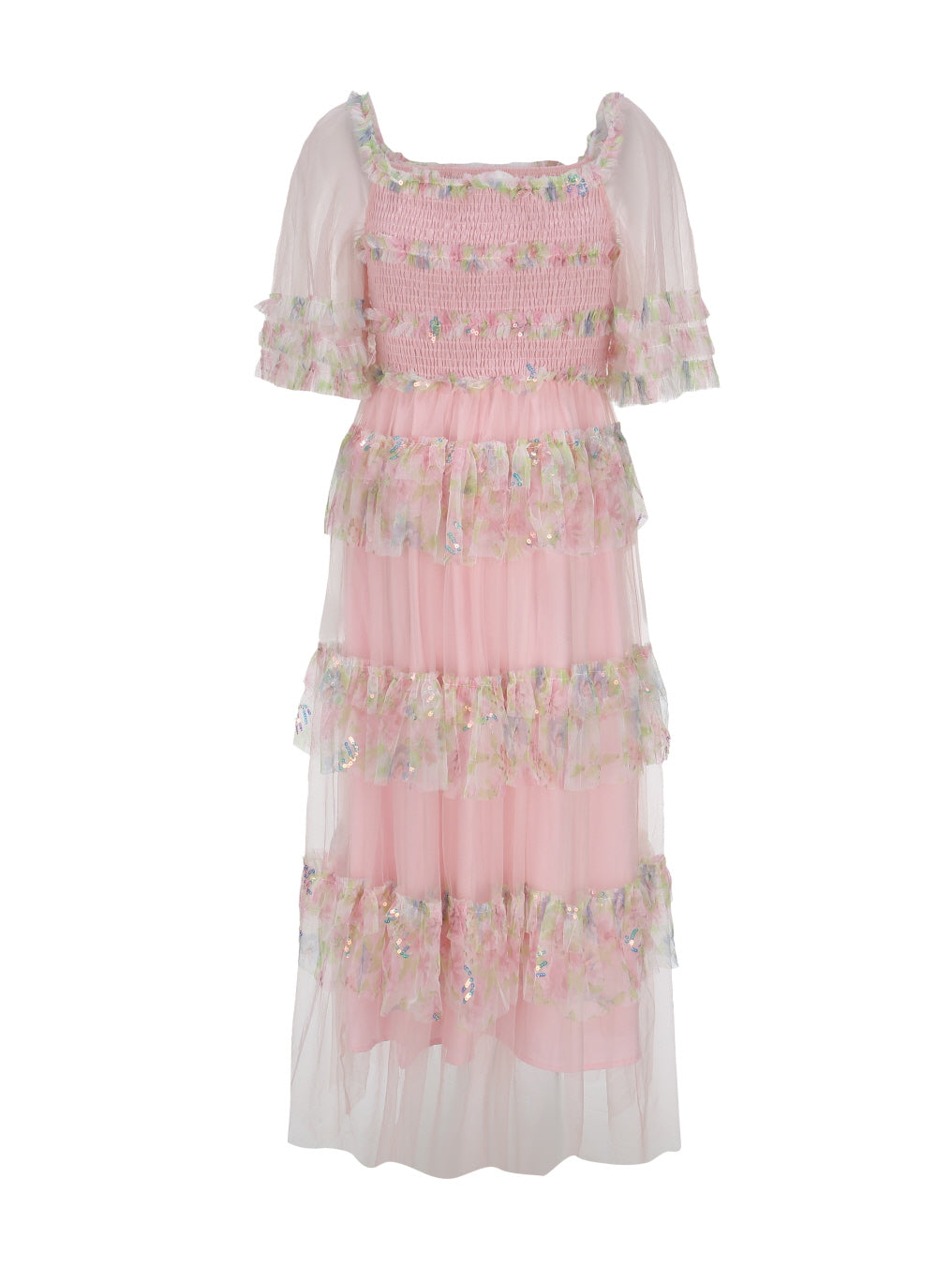 Front view of a pastel pink fairycore dress with sheer puff sleeves, floral sequin ruffles, and tiered tulle layers in a romantic silhouette.