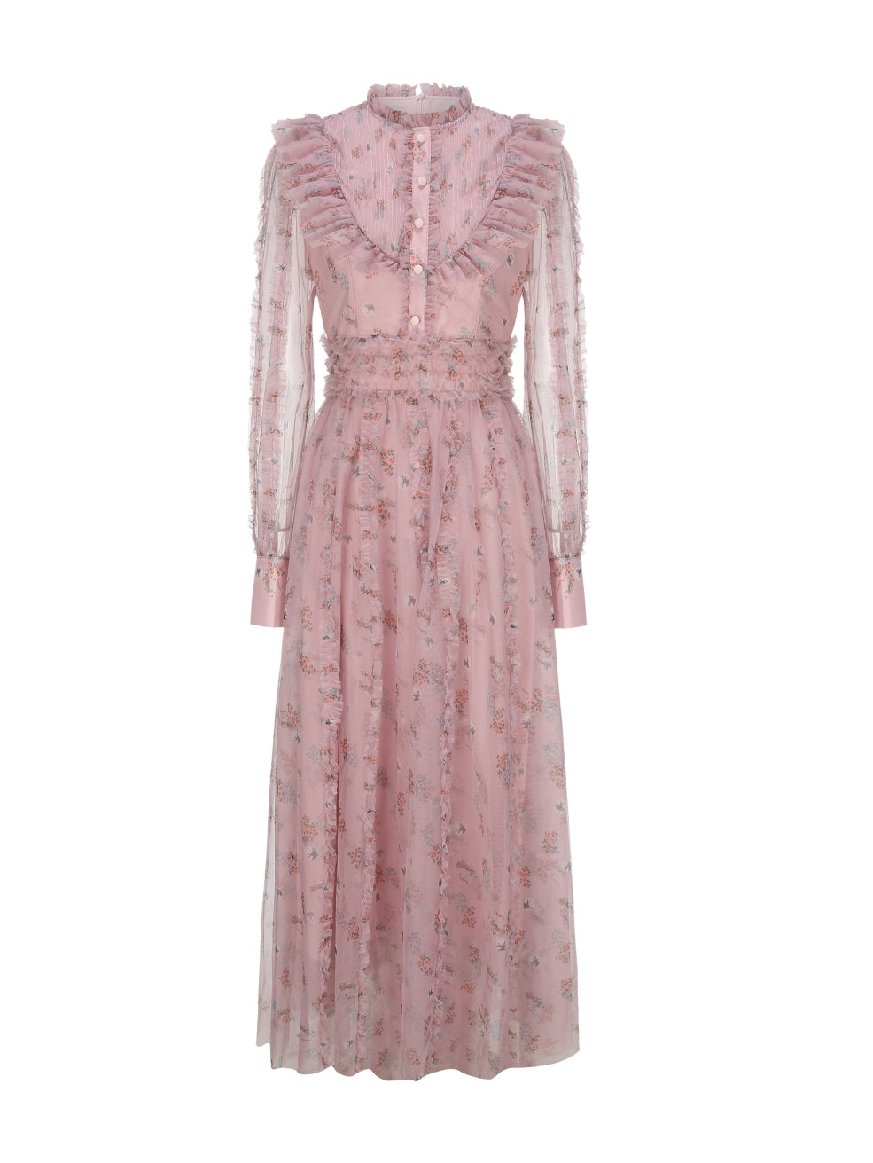 Front view of a long pink floral dress with sheer ruffle details, buttoned bodice, and gathered waist, perfect for a princesscore aesthetic.