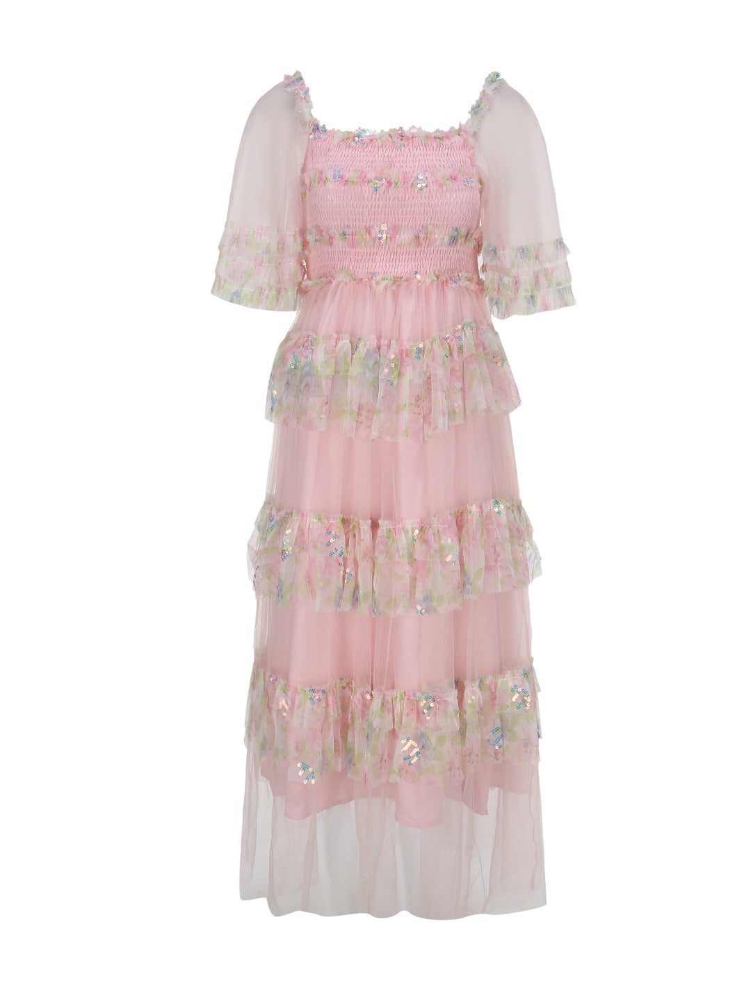 Floral Ruffle Pastel Pink Tulle Dress - Fairycore Aesthetic
