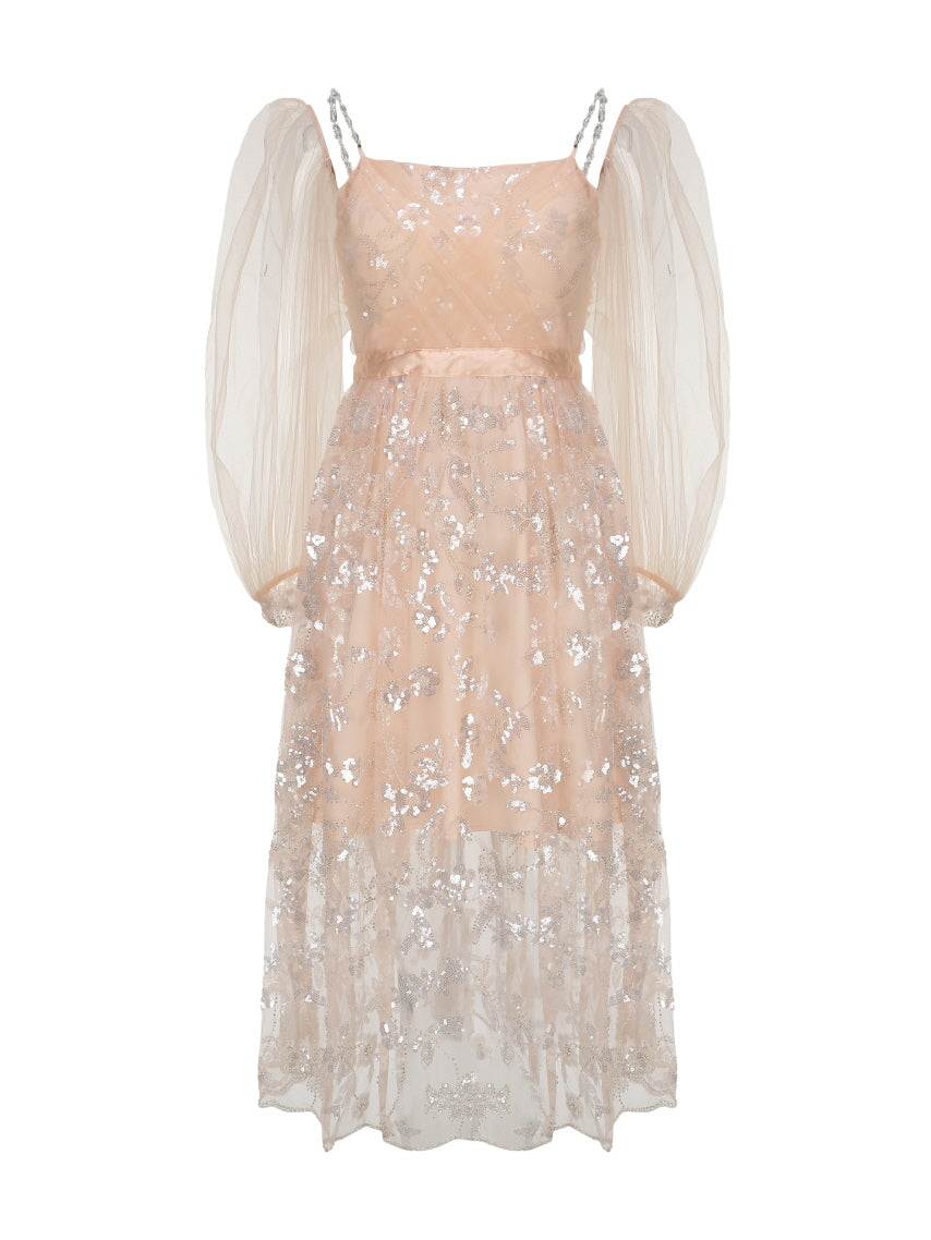 Front view of a blush pink midi dress with sequin embroidery, pearl straps, and detachable sheer puff sleeves for a dreamy fairytale look.