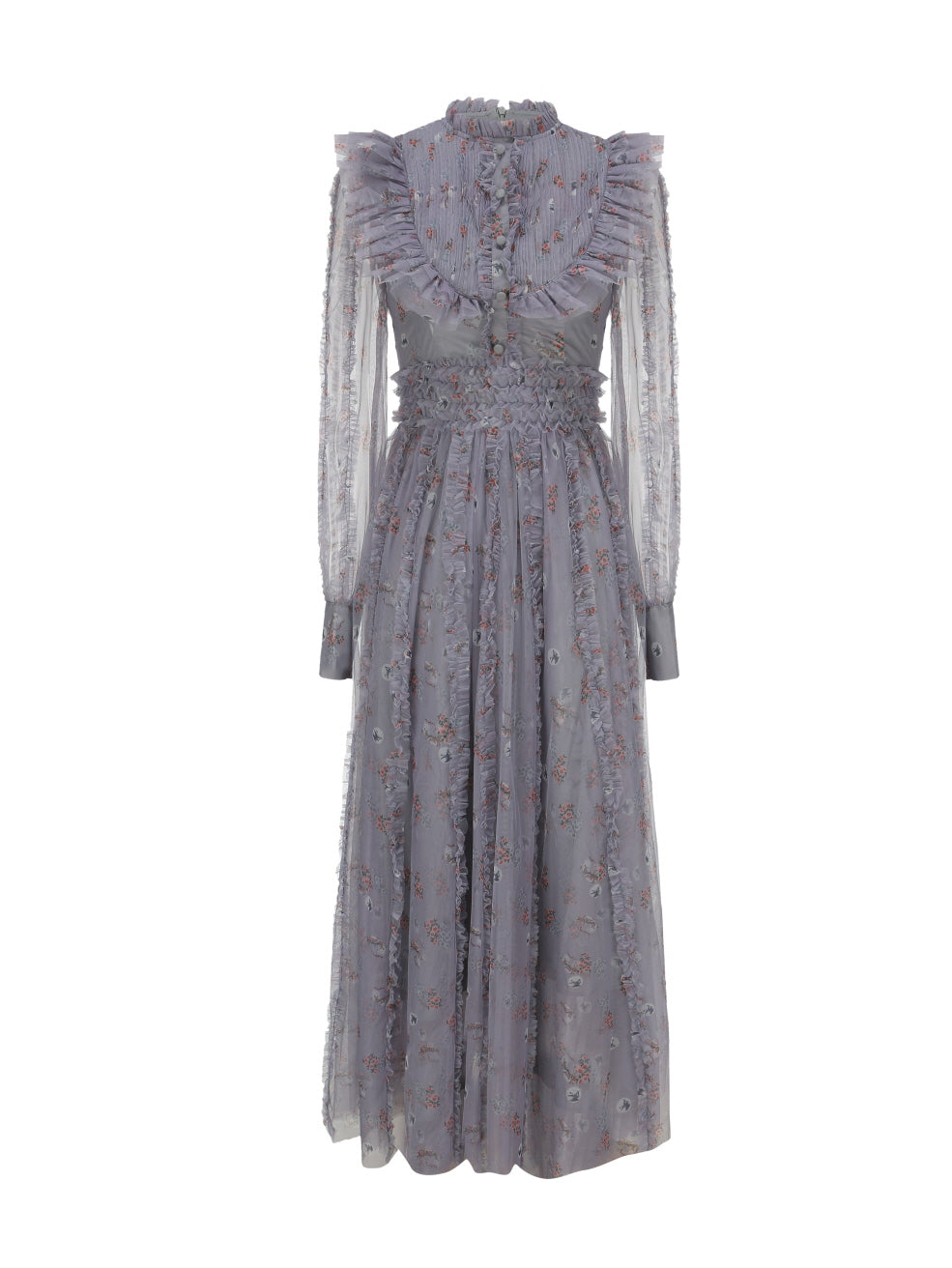 Lavender vintage-style dress with delicate ruffles, floral print, and sheer long sleeves, ideal for fairycore and romantic outfit styling.