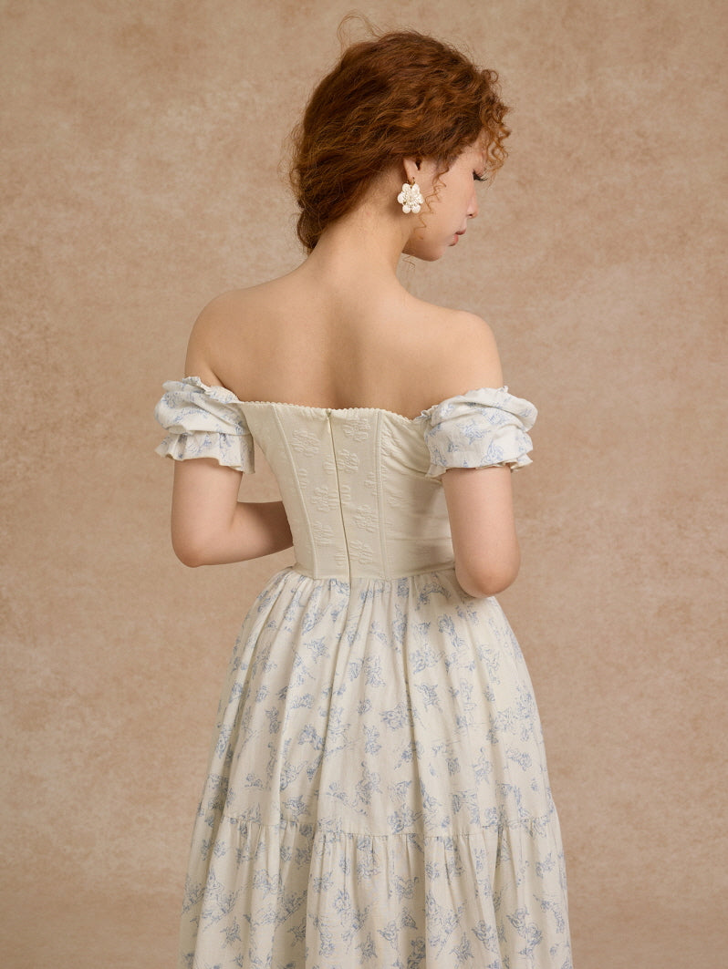 Blue Toile Vintage Lace-Up Cottagecore Dress