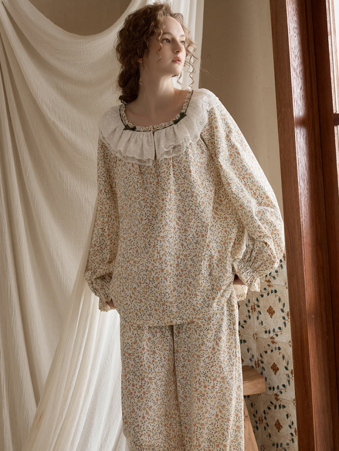 Vintage Floral Lace Collar Pajama Set