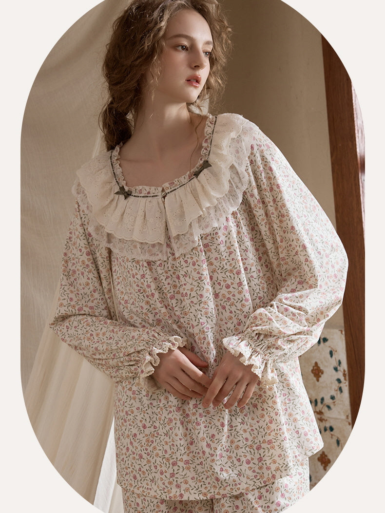 Vintage Floral Lace Collar Pajama Set