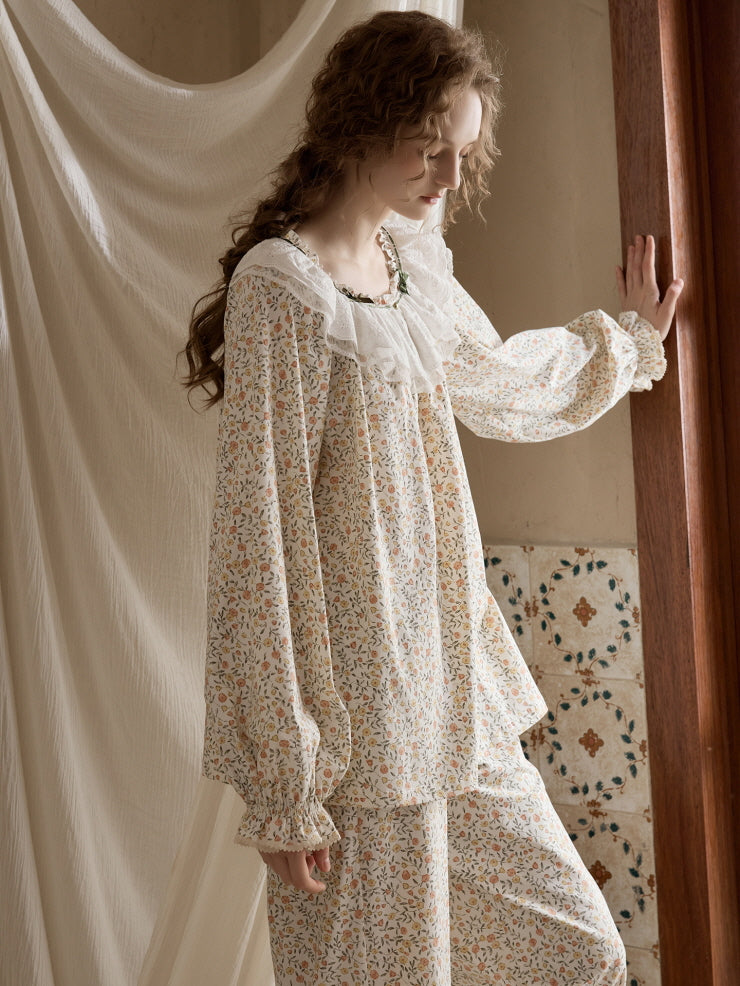 Vintage Floral Lace Collar Pajama Set