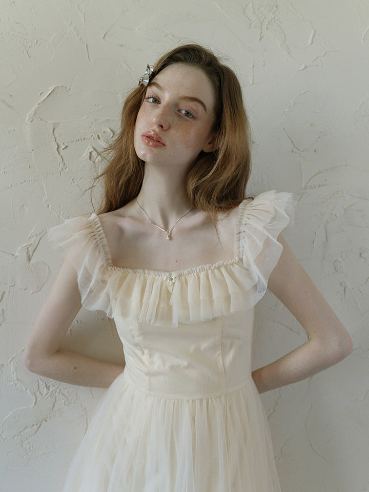 Ivory Tulle Ruffle Off-Shoulder Dress