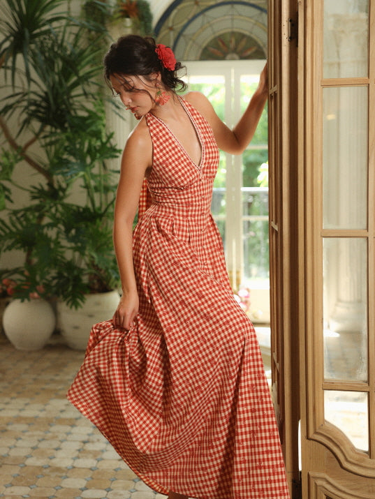 Romantic Gingham Red Check Halter Dress