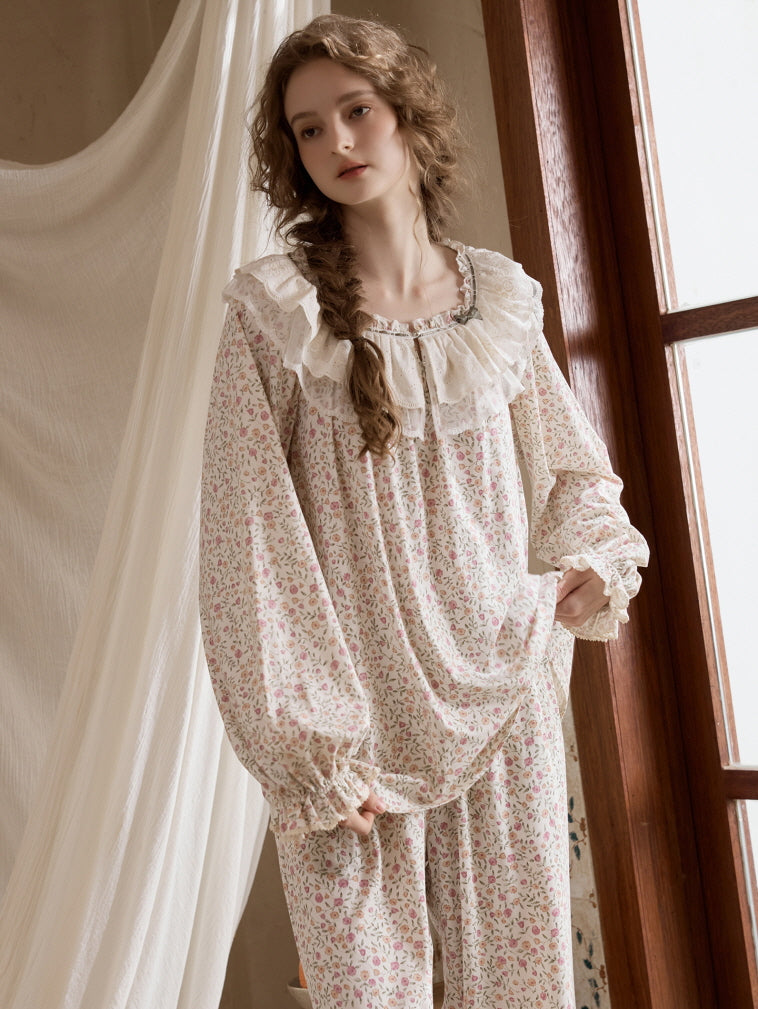 Vintage Floral Lace Collar Pajama Set