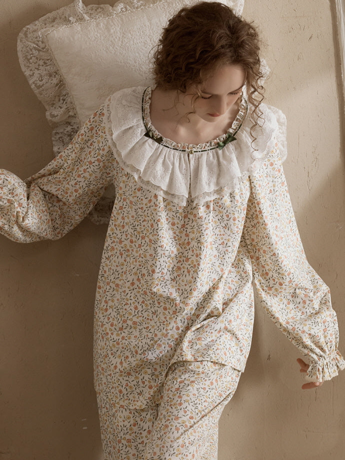 Vintage Floral Lace Collar Pajama Set