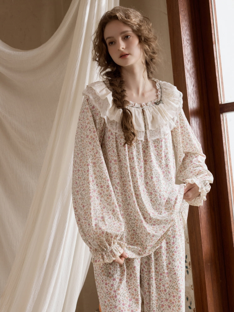 Vintage Floral Lace Collar Pajama Set