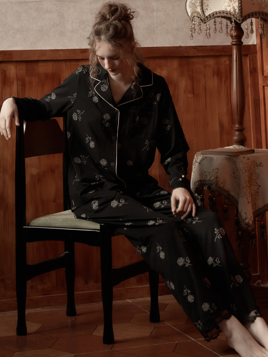 Vintage Rose Embroidered Pajama Set