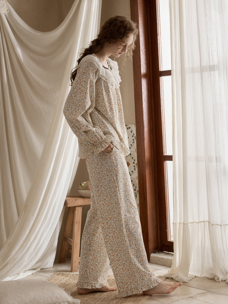 Vintage Floral Lace Collar Pajama Set