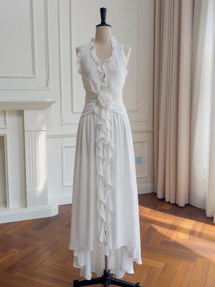 Ethereal Ruffle Rose White Dress