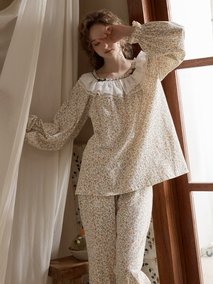 Vintage Floral Lace Collar Pajama Set