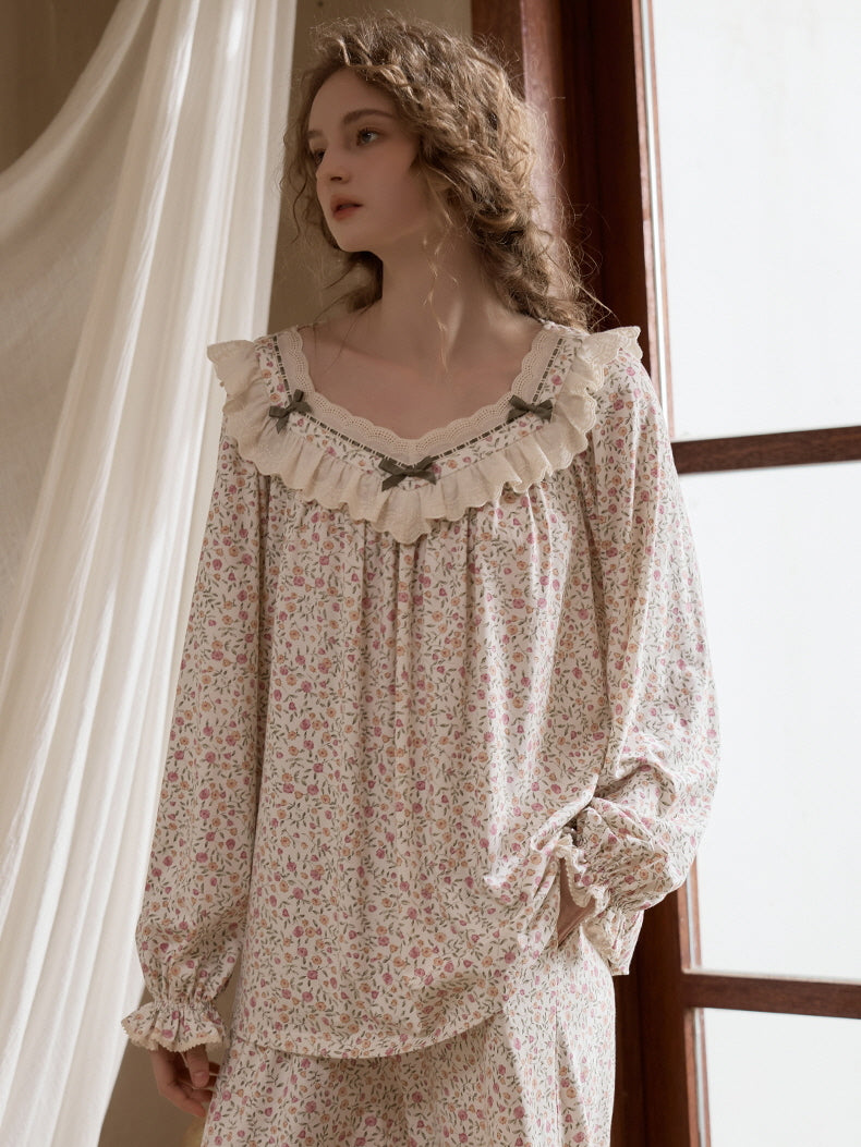 Vintage Floral Ruffle Pajama Set