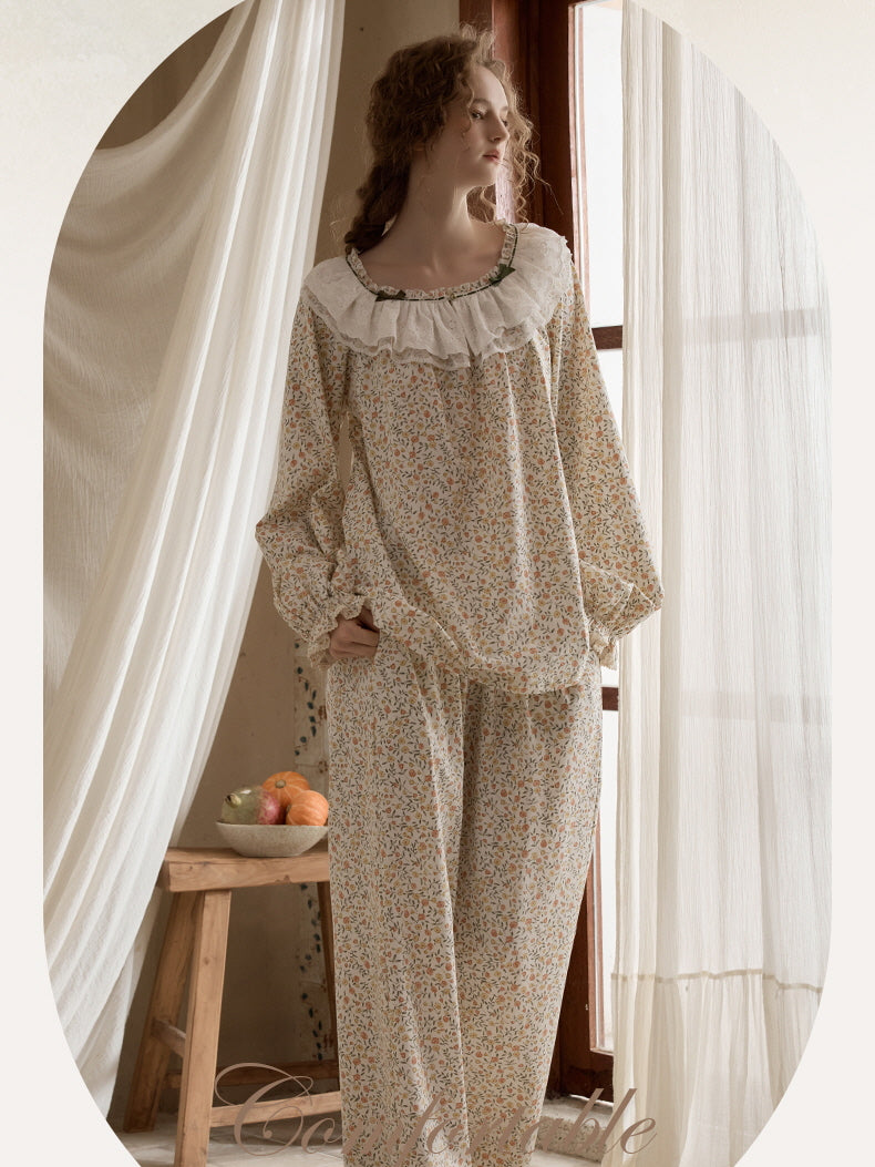Vintage Floral Lace Collar Pajama Set