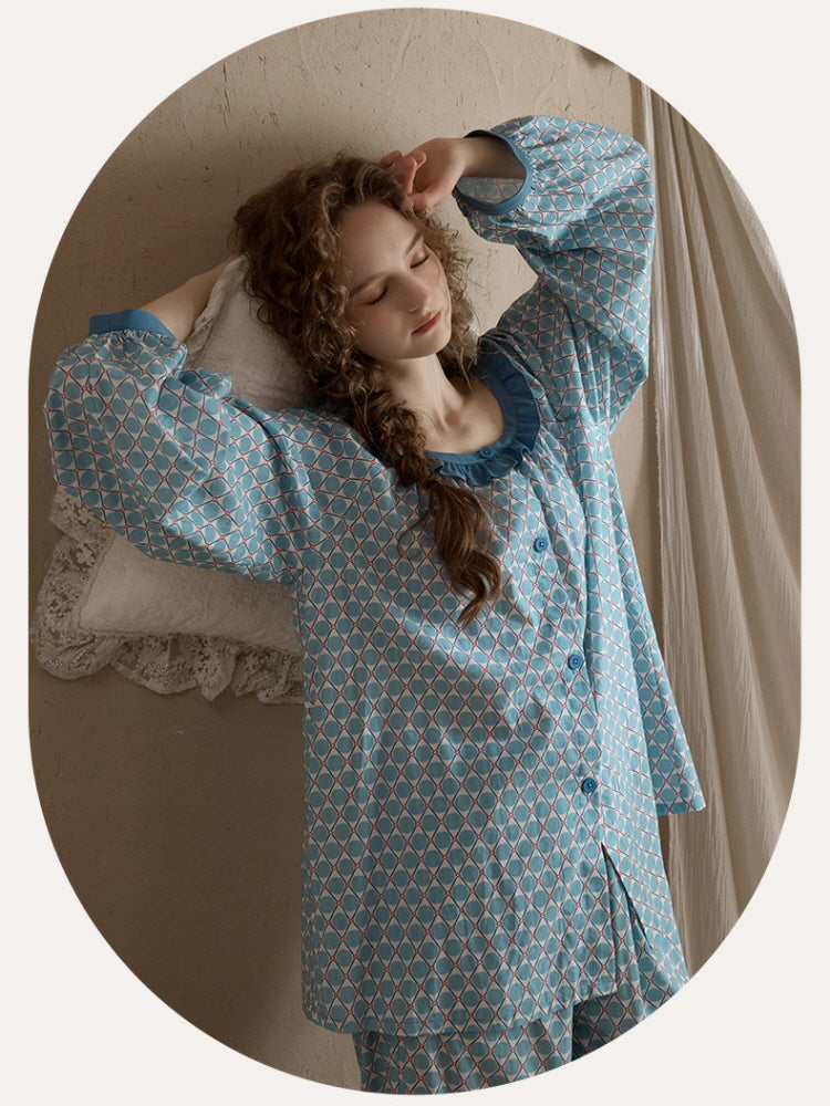 Vintage Geometric Ruffle Pajama Set