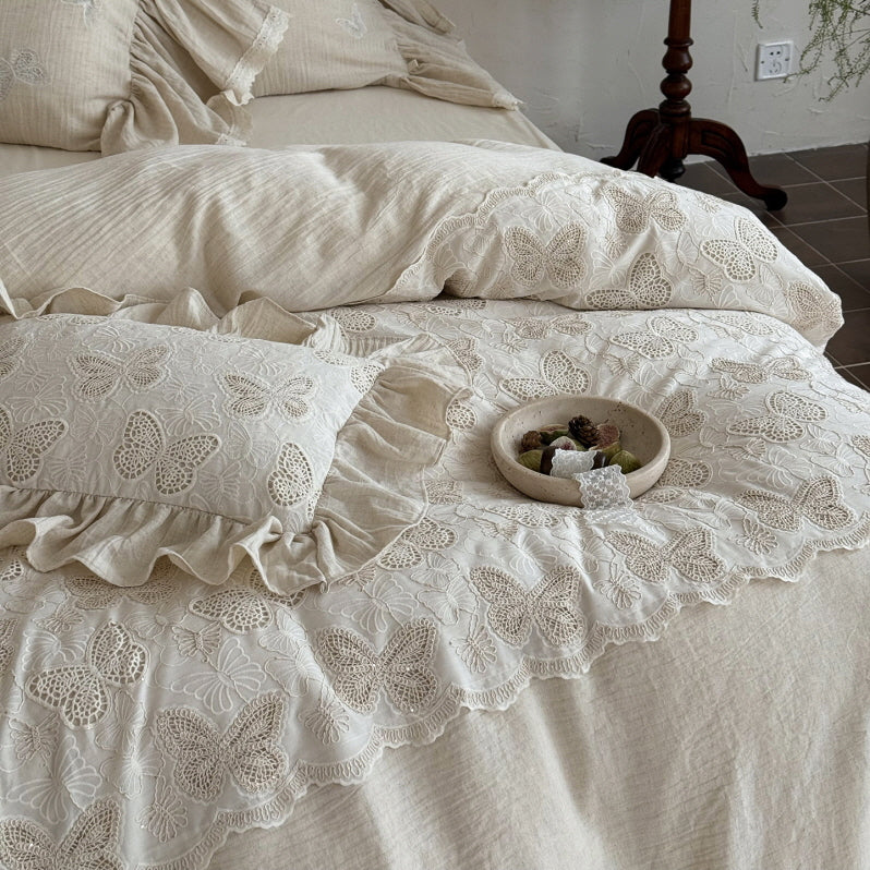 Ivory Butterfly Lace Ruffle Bedding Set