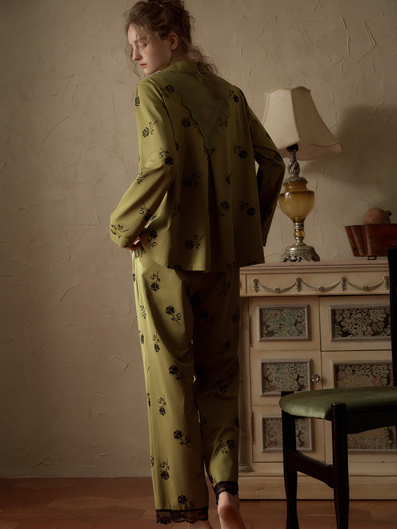 Vintage Rose Embroidered Pajama Set