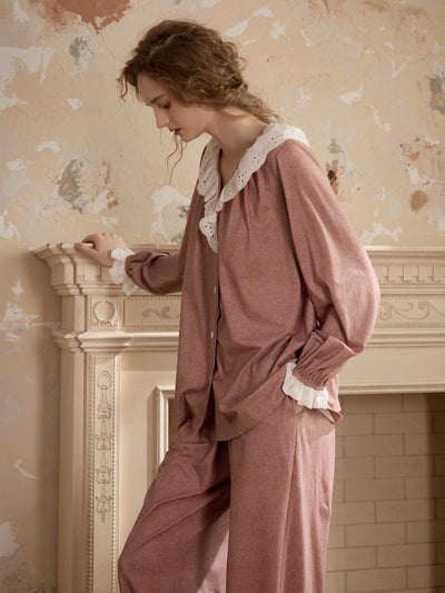 Vintage Pink Lace Collar Long Sleeve Women's Pajama Set main image 1