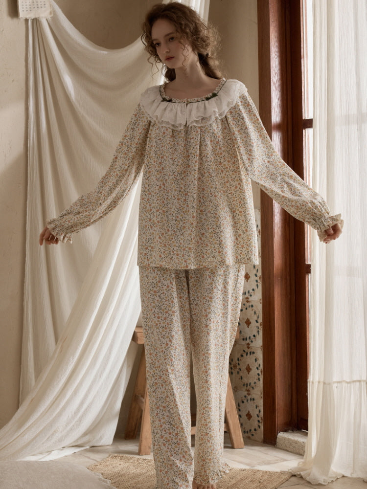 Vintage Floral Lace Collar Pajama Set