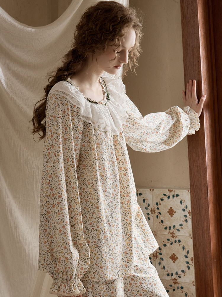 Vintage Floral Lace Collar Pajama Set
