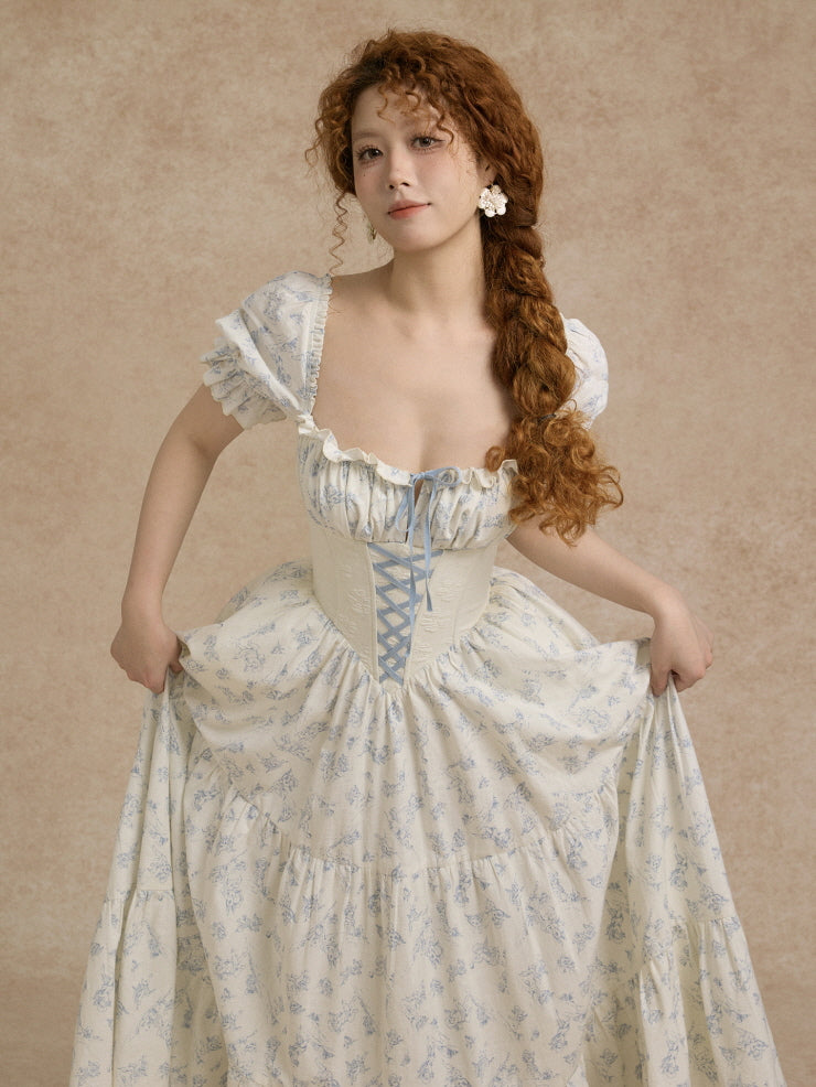 Blue Toile Vintage Lace-Up Cottagecore Dress - Floral / XS Blue Toile Vintage Lace-Up Cottagecore Dress - Floral / XS
