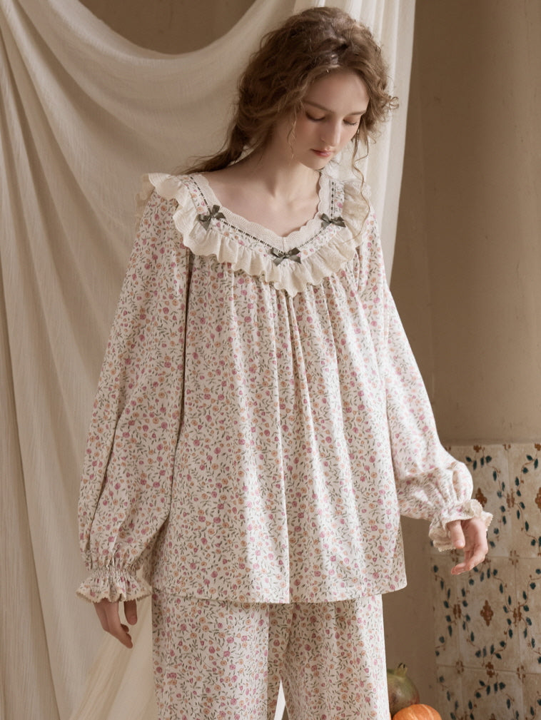 Vintage Floral Ruffle Pajama Set